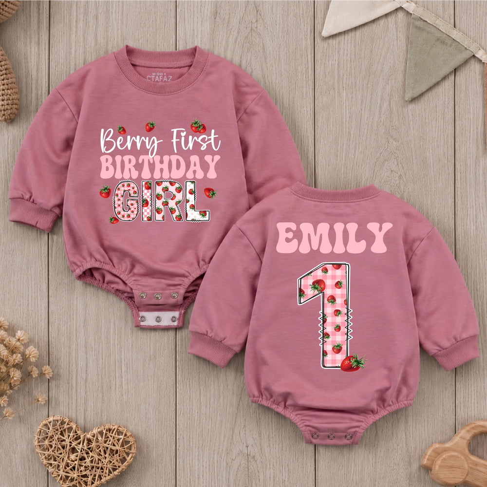 Personalized Berry First Birthday Girl Romper with Strawberry Gingham Design Custom Name Outfit for Baby's 1st Party Celebration