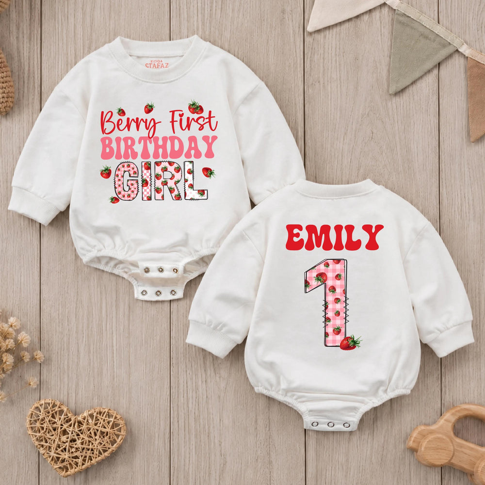 Personalized Berry First Birthday Girl Romper with Strawberry Gingham Design Custom Name Outfit for Baby's 1st Party Celebration