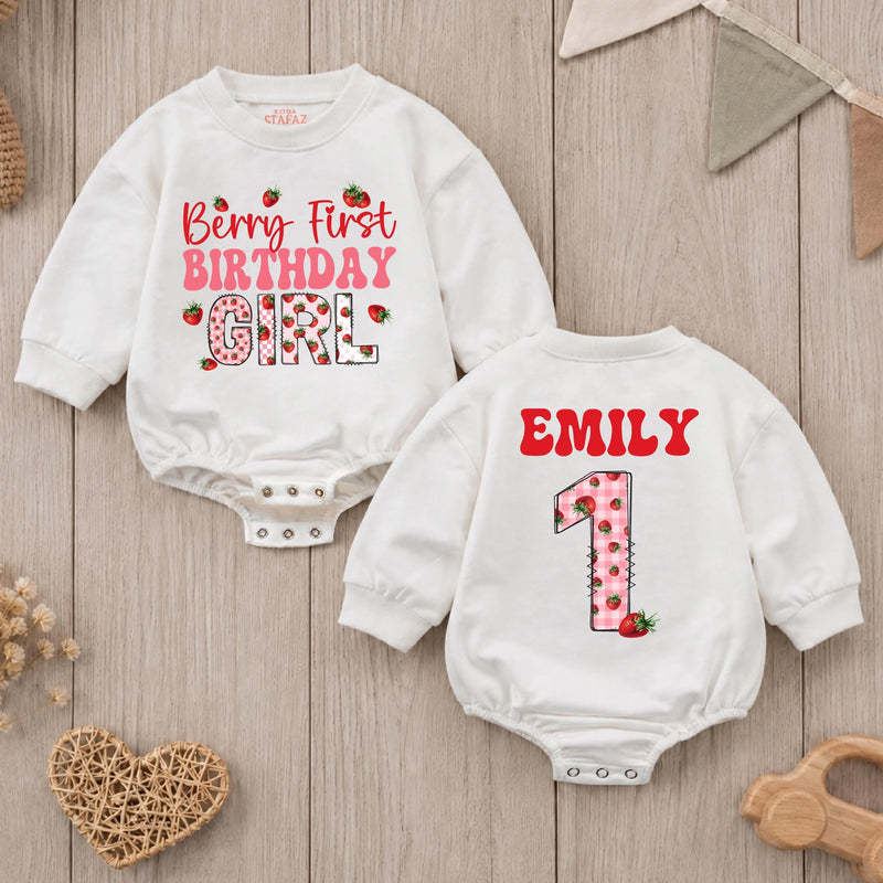 Personalized Berry First Birthday Girl Romper with Strawberry Gingham Design Custom Name Outfit for Baby's 1st Party Celebration
