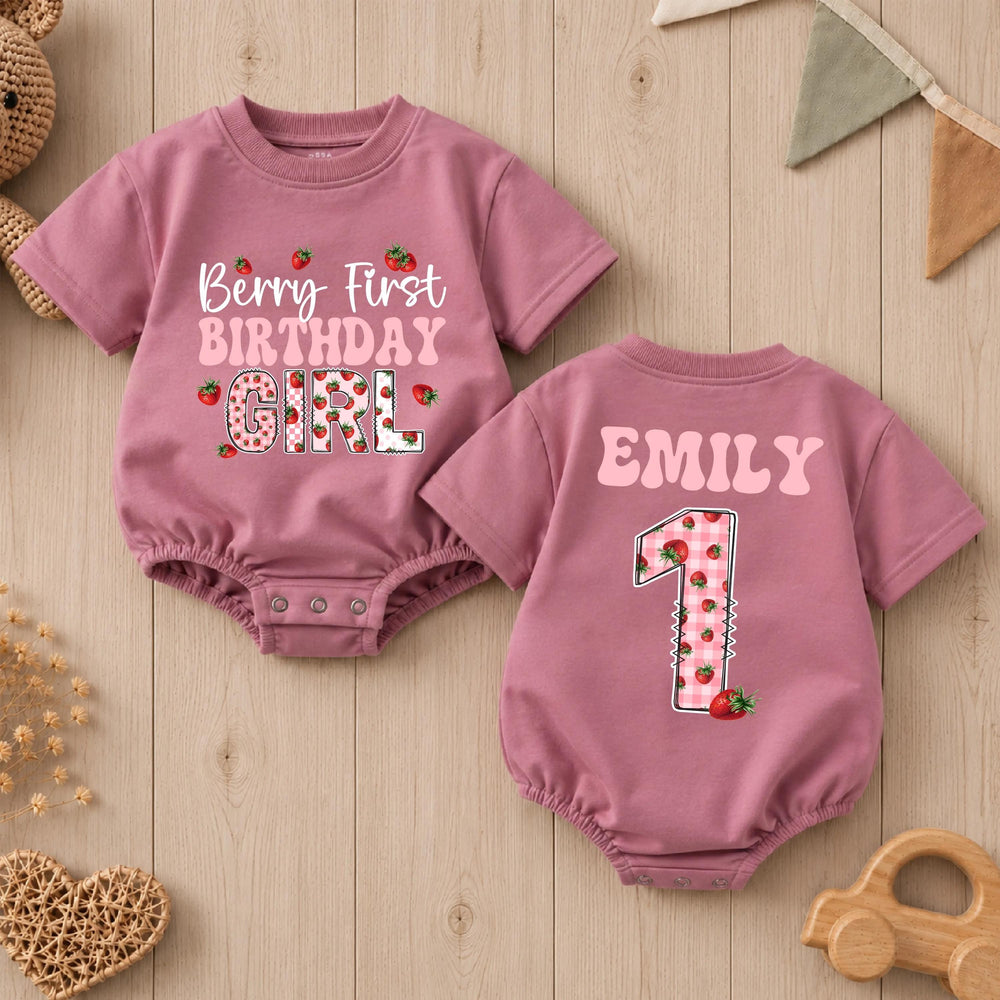 Personalized Berry First Birthday Girl Romper with Strawberry Gingham Design Custom Name Outfit for Baby's 1st Party Celebration