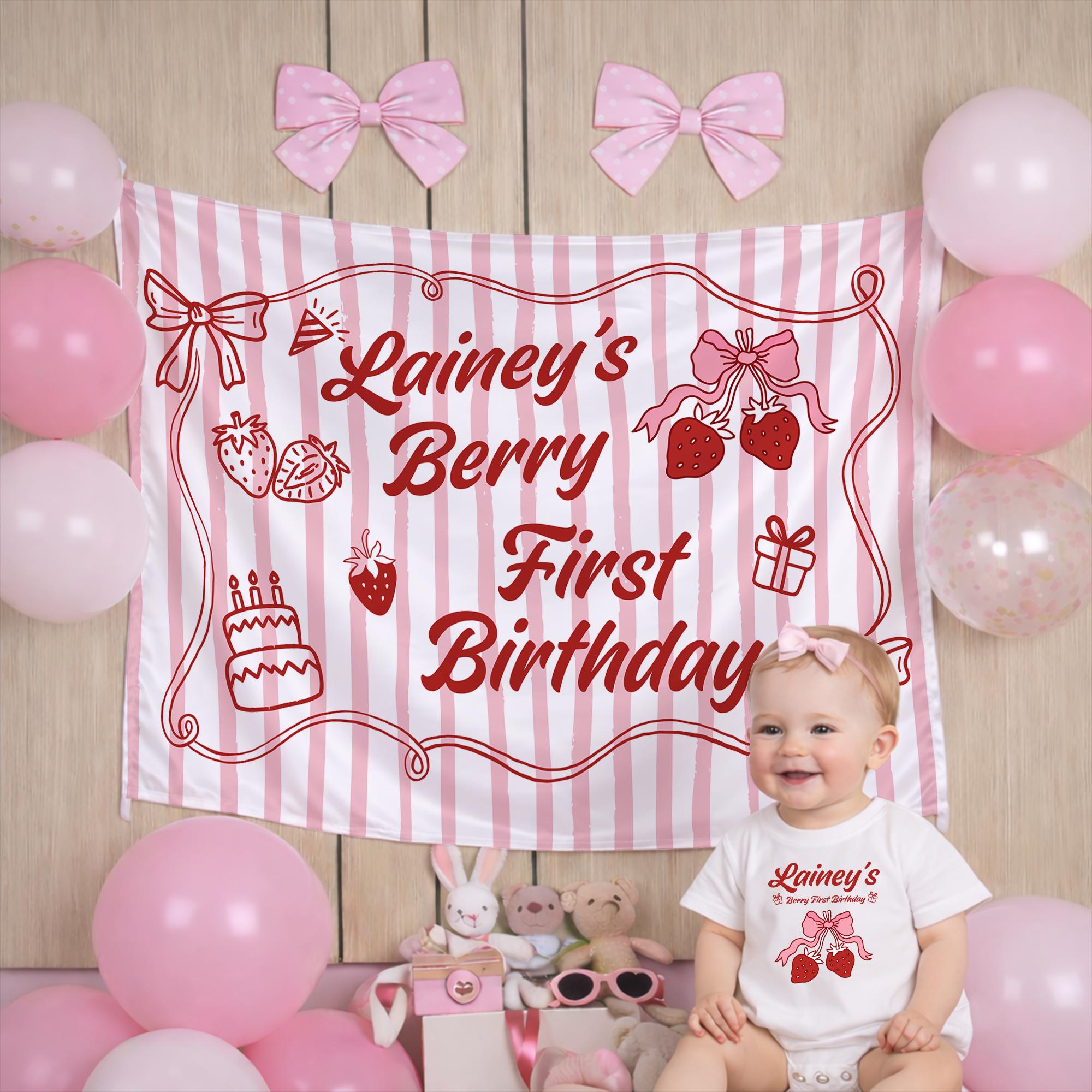 Personalized Berry First Birthday Outfit for Baby Girl with Strawberry Bubble Romper and Silk Banner Perfect Party Gift Keepsake