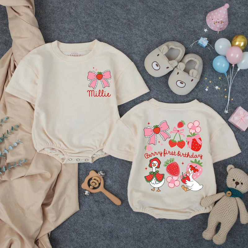 Personalized Berry First Birthday Romper for Baby Girl, Strawberry-Themed Outfit with Bow, Cottagecore Design Perfect for 1st Birthday Party