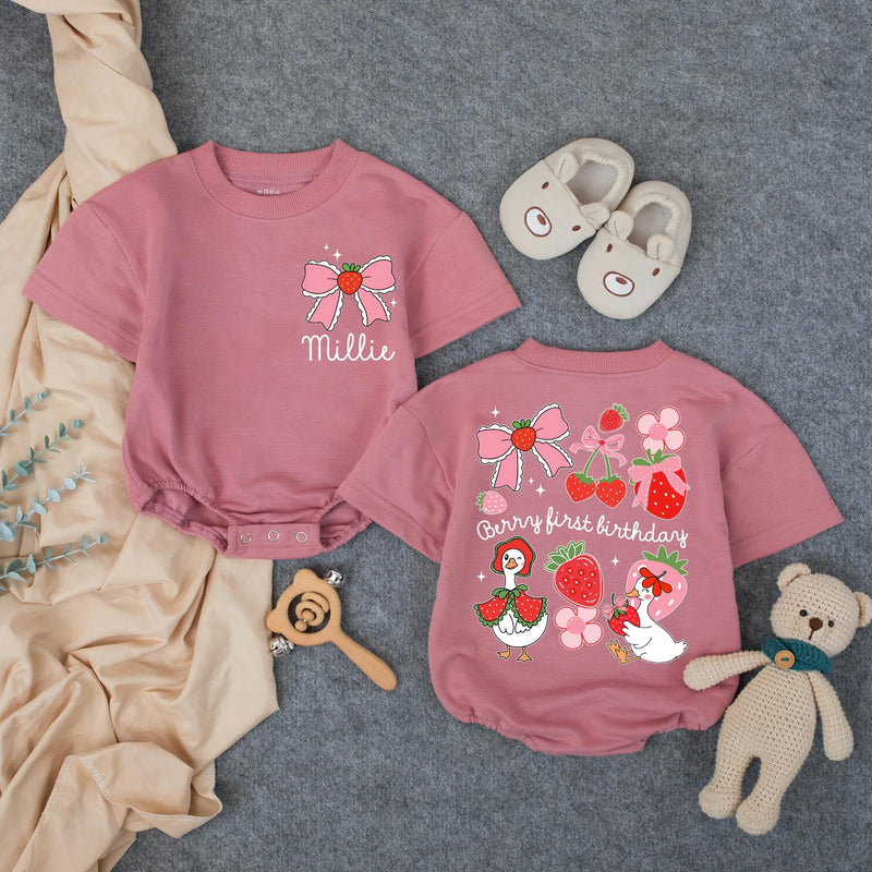 Personalized Berry First Birthday Romper for Baby Girl, Strawberry-Themed Outfit with Bow, Cottagecore Design Perfect for 1st Birthday Party