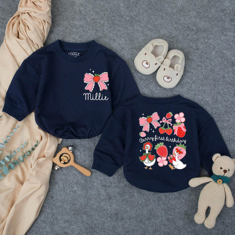 Personalized Berry First Birthday Romper for Baby Girl, Strawberry-Themed Outfit with Bow, Cottagecore Design Perfect for 1st Birthday Party
