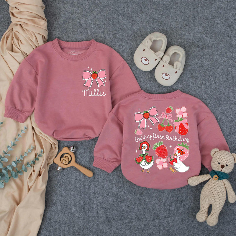 Personalized Berry First Birthday Romper for Baby Girl, Strawberry-Themed Outfit with Bow, Cottagecore Design Perfect for 1st Birthday Party