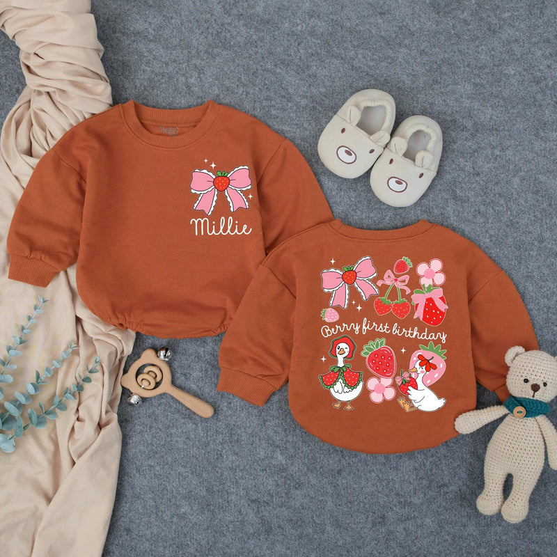 Personalized Berry First Birthday Romper for Baby Girl, Strawberry-Themed Outfit with Bow, Cottagecore Design Perfect for 1st Birthday Party