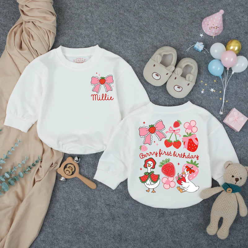 Personalized Berry First Birthday Romper for Baby Girl, Strawberry-Themed Outfit with Bow, Cottagecore Design Perfect for 1st Birthday Party