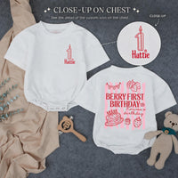 Personalized Berry First Birthday Romper with Candle Graphic Custom Baby Outfit for Cake Smash Party Sweet Strawberry Design Pink Red