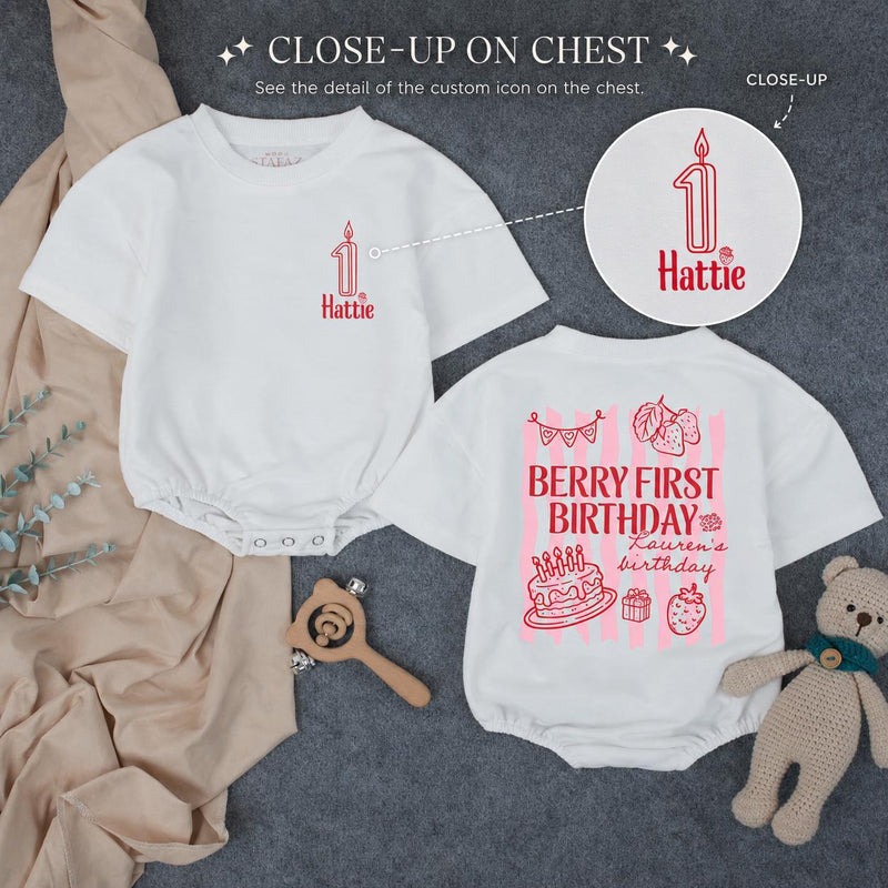 Personalized Berry First Birthday Romper with Candle Graphic Custom Baby Outfit for Cake Smash Party Sweet Strawberry Design Pink Red