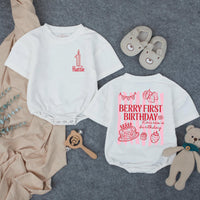 Personalized Berry First Birthday Romper with Candle Graphic Custom Baby Outfit for Cake Smash Party Sweet Strawberry Design Pink Red