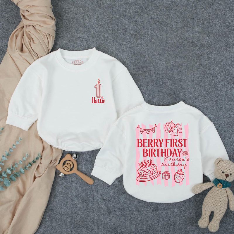 Personalized Berry First Birthday Romper with Candle Graphic Custom Baby Outfit for Cake Smash Party Sweet Strawberry Design Pink Red