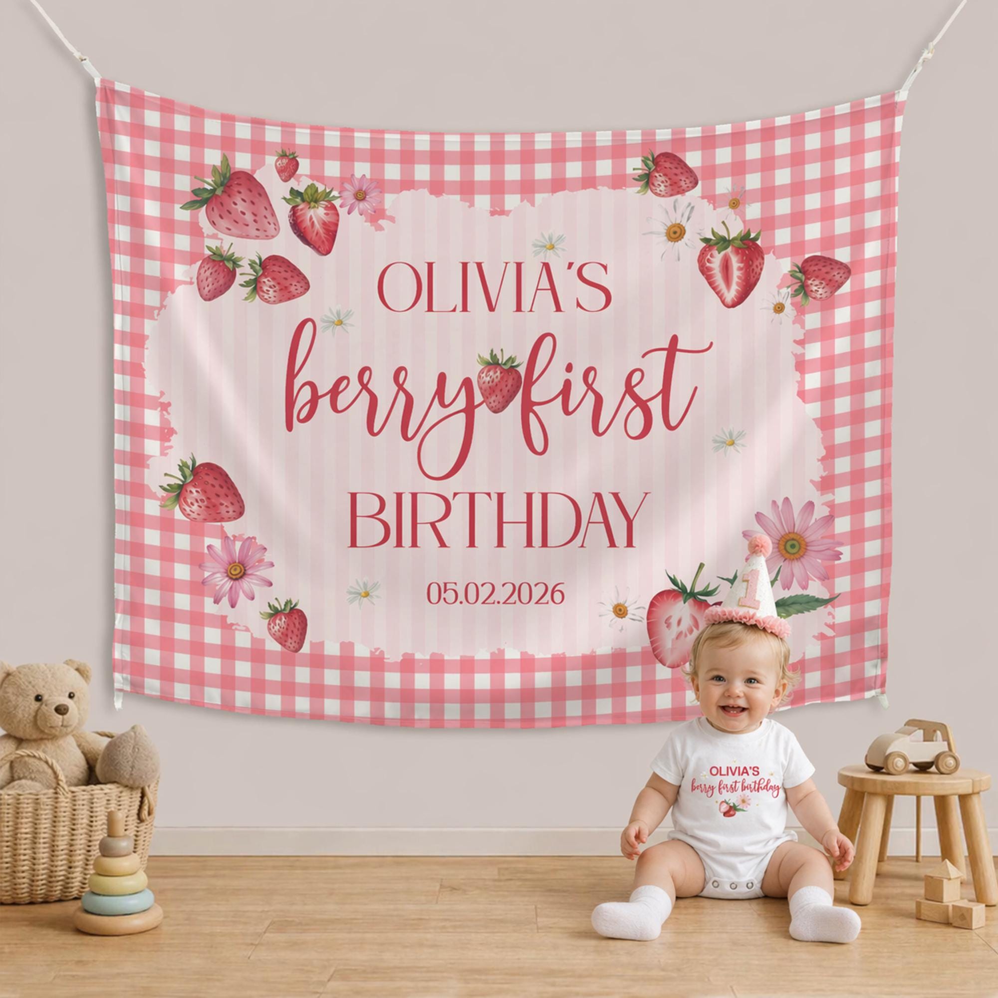 Personalized Berry First Birthday Romper and Silk Banner Strawberry Theme Outfit Baby Girl Party Decor Sweet 1st Milestone Celebration Gift