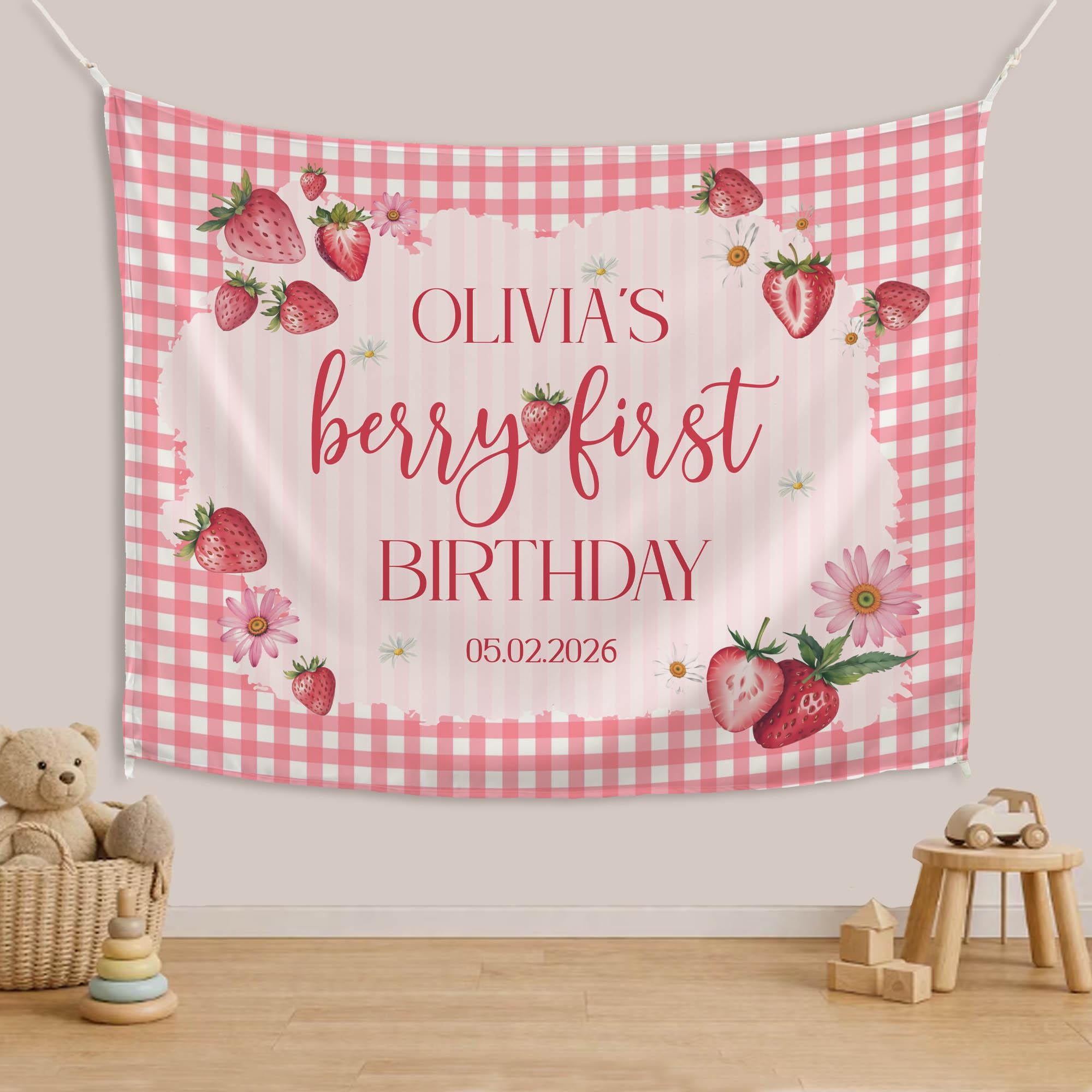Personalized Berry First Birthday Romper and Silk Banner Strawberry Theme Outfit Baby Girl Party Decor Sweet 1st Milestone Celebration Gift