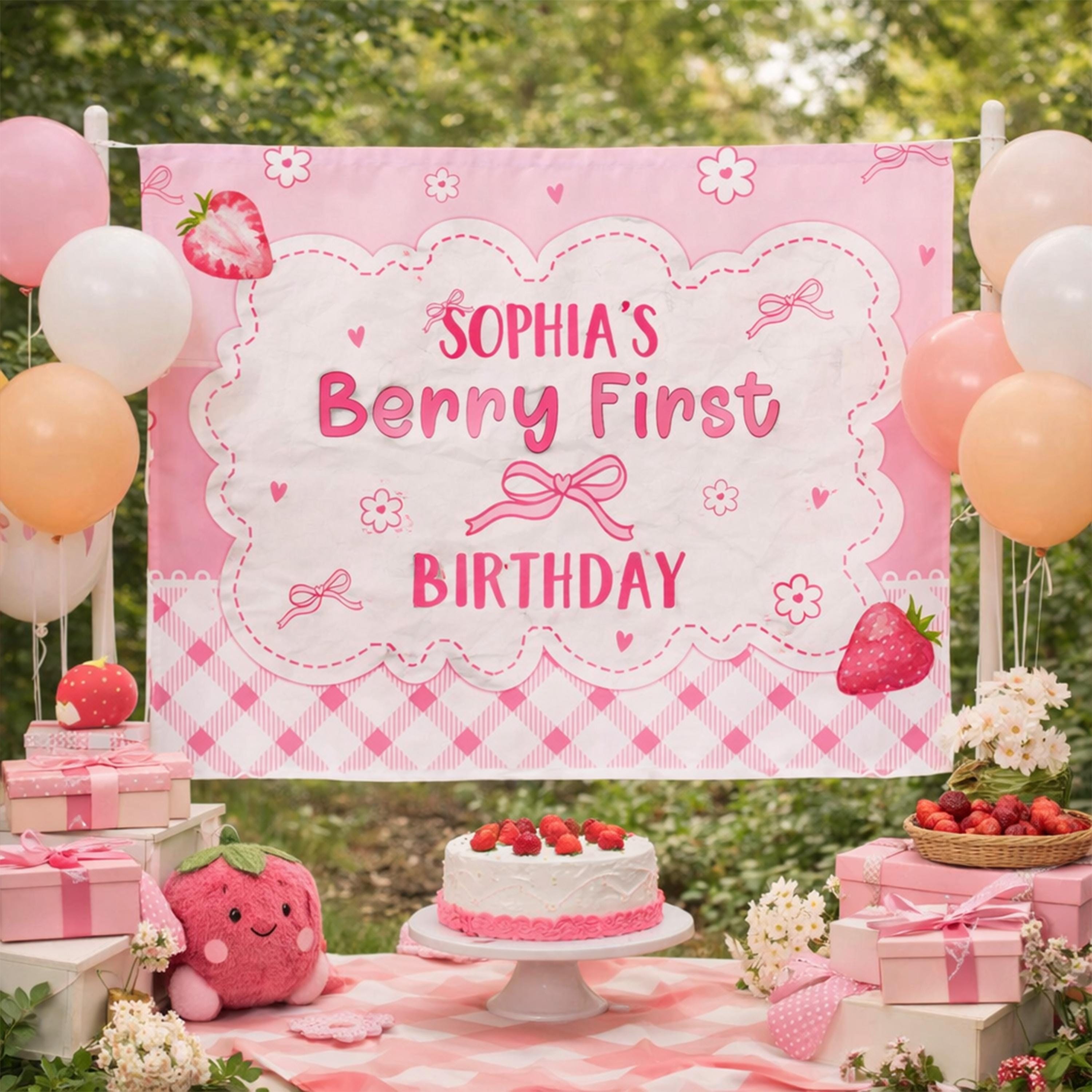 Personalized Berry First Birthday Silk Banner for Toddler Girl, Custom Name Pink Strawberry Party Backdrop Sweet One Decor Celebration