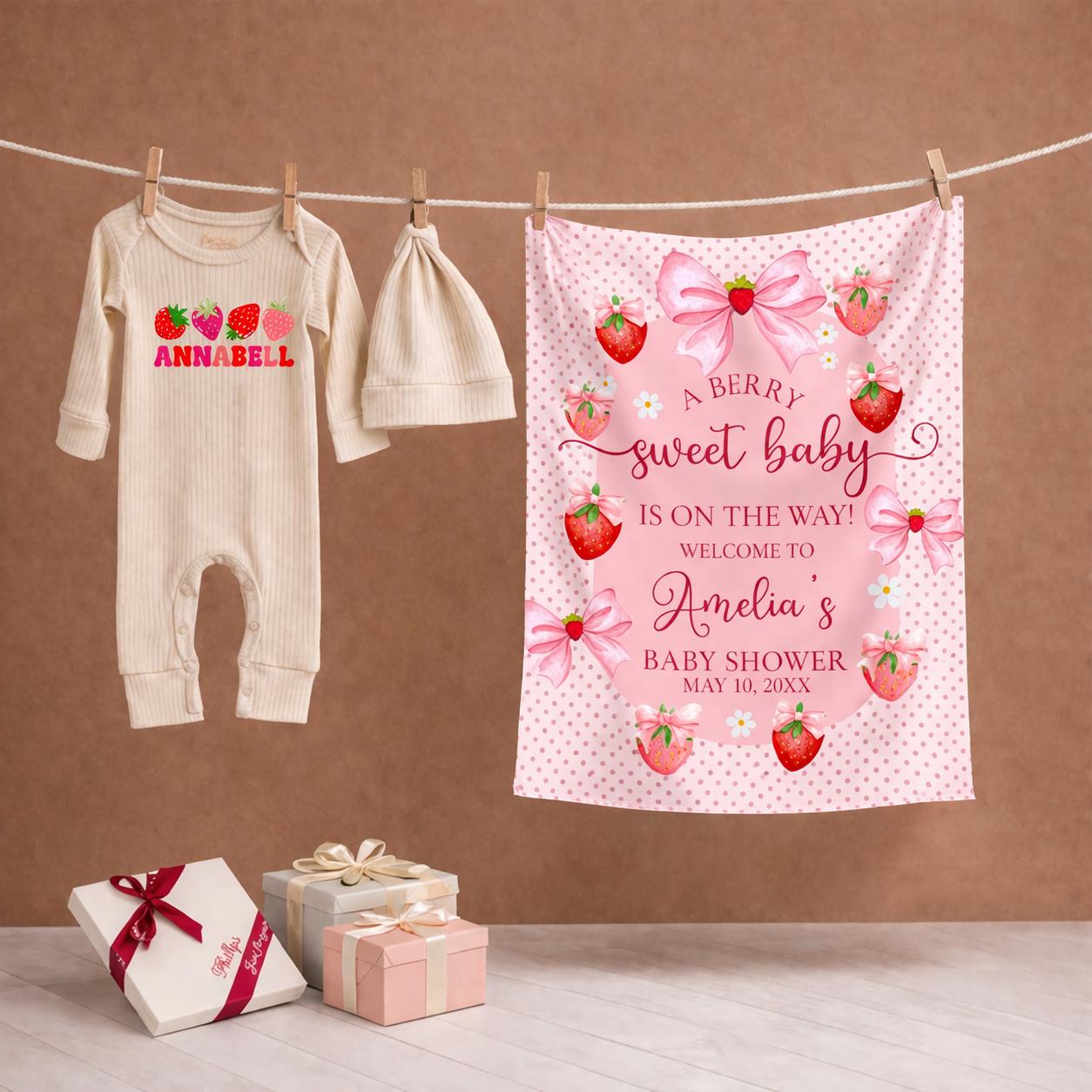 Personalized Berry Sweet Baby Shower Silk Sign with Whimsical Strawberry Design, Custom Name Banner, Blush Backdrop for Party Decor