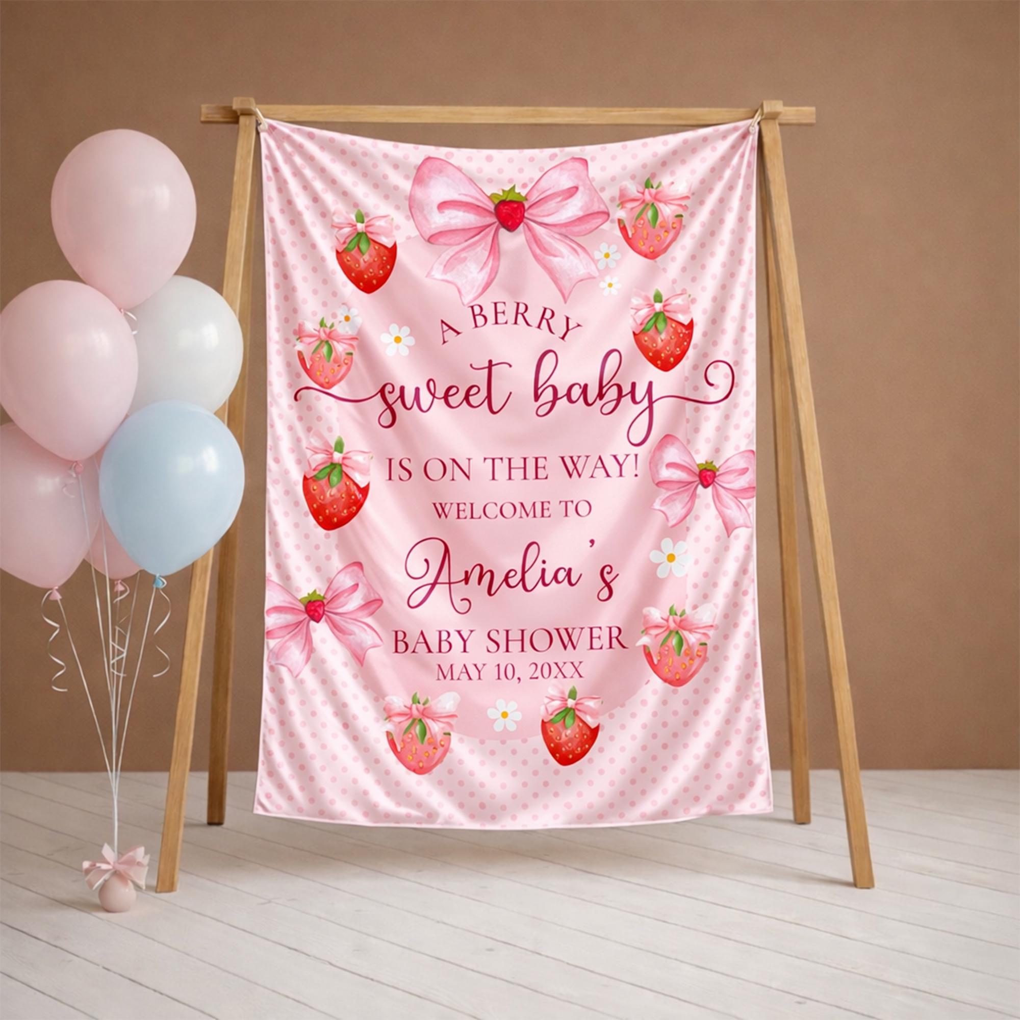 Personalized Berry Sweet Baby Shower Silk Sign with Whimsical Strawberry Design, Custom Name Banner, Blush Backdrop for Party Decor