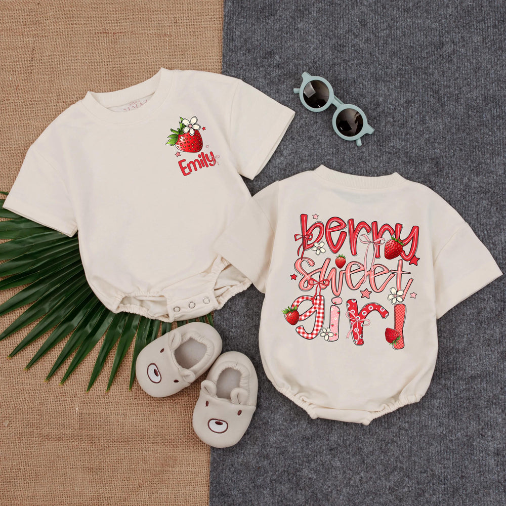 Personalized Berry Sweet Girl First Birthday Romper with Strawberries and Name, Baby Cake Smash Outfit for 1st Birthday Celebration