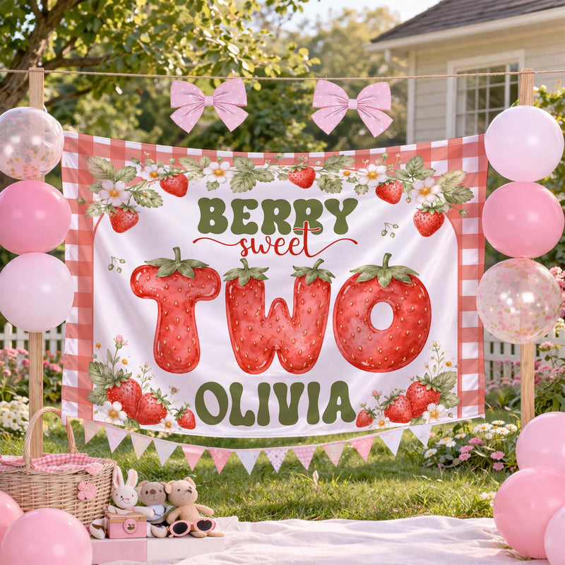 Personalized Berry Sweet Strawberry Two Banner for Toddler Girl's 2nd Birthday Party, Custom Silk Backdrop with Gingham Pattern