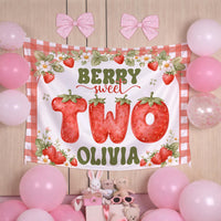 Personalized Berry Sweet Strawberry Two Banner for Toddler Girl's 2nd Birthday Party, Custom Silk Backdrop with Gingham Pattern