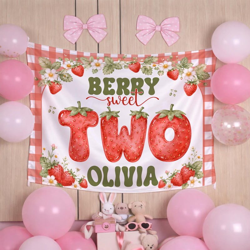 Personalized Berry Sweet Strawberry Two Banner for Toddler Girl's 2nd Birthday Party, Custom Silk Backdrop with Gingham Pattern