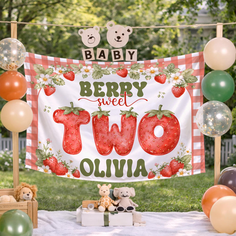 Personalized Berry Sweet Strawberry Two Banner for Toddler Girl's 2nd Birthday Party, Custom Silk Backdrop with Gingham Pattern