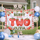 Personalized Berry Sweet Strawberry Two Banner for Toddler Girl's 2nd Birthday Party, Custom Silk Backdrop with Gingham Pattern