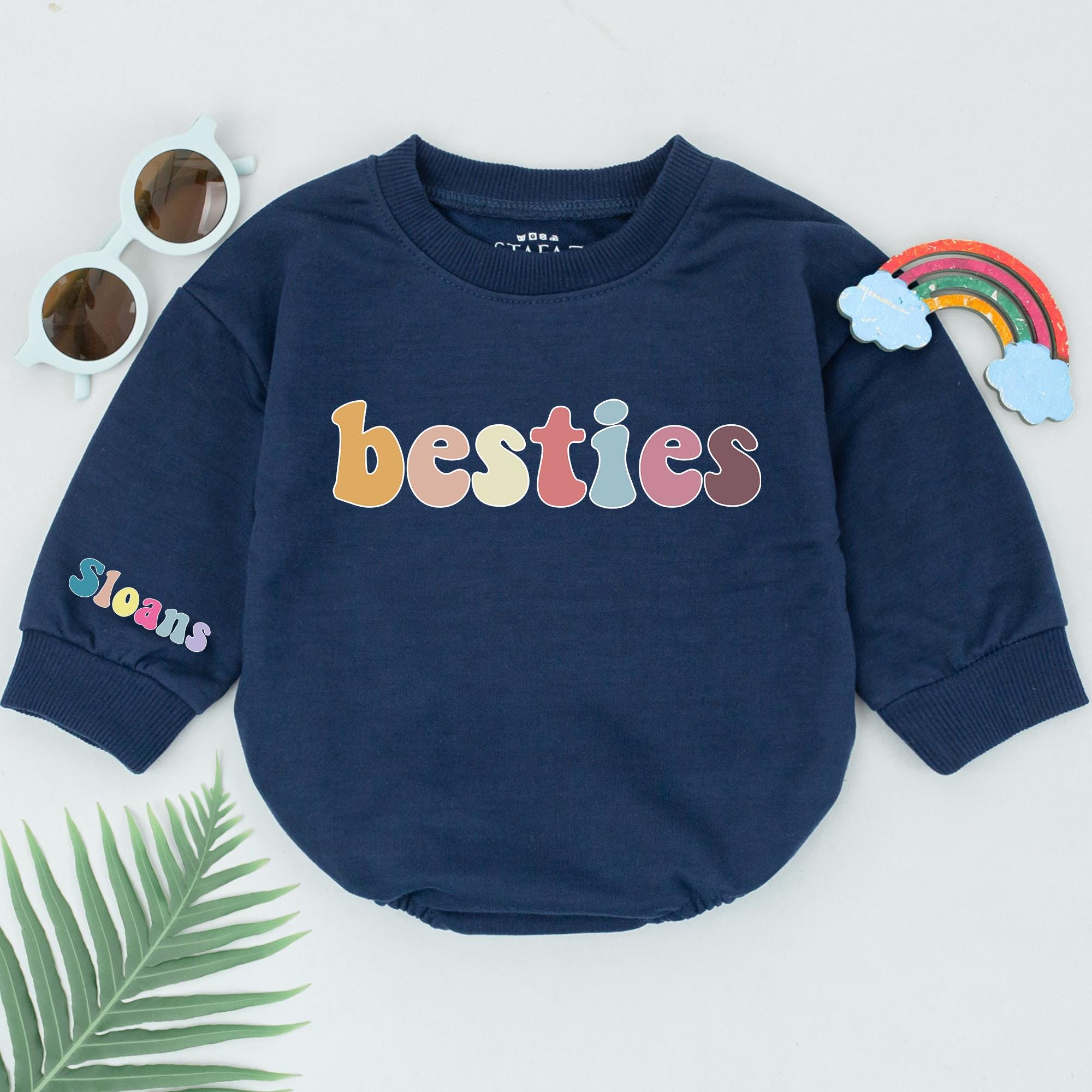Personalized Besties Baby Romper Teal Pink Yellow Lavender Friendship Outfit Infant Girl Boy Soft Cotton Birthday Party Gift