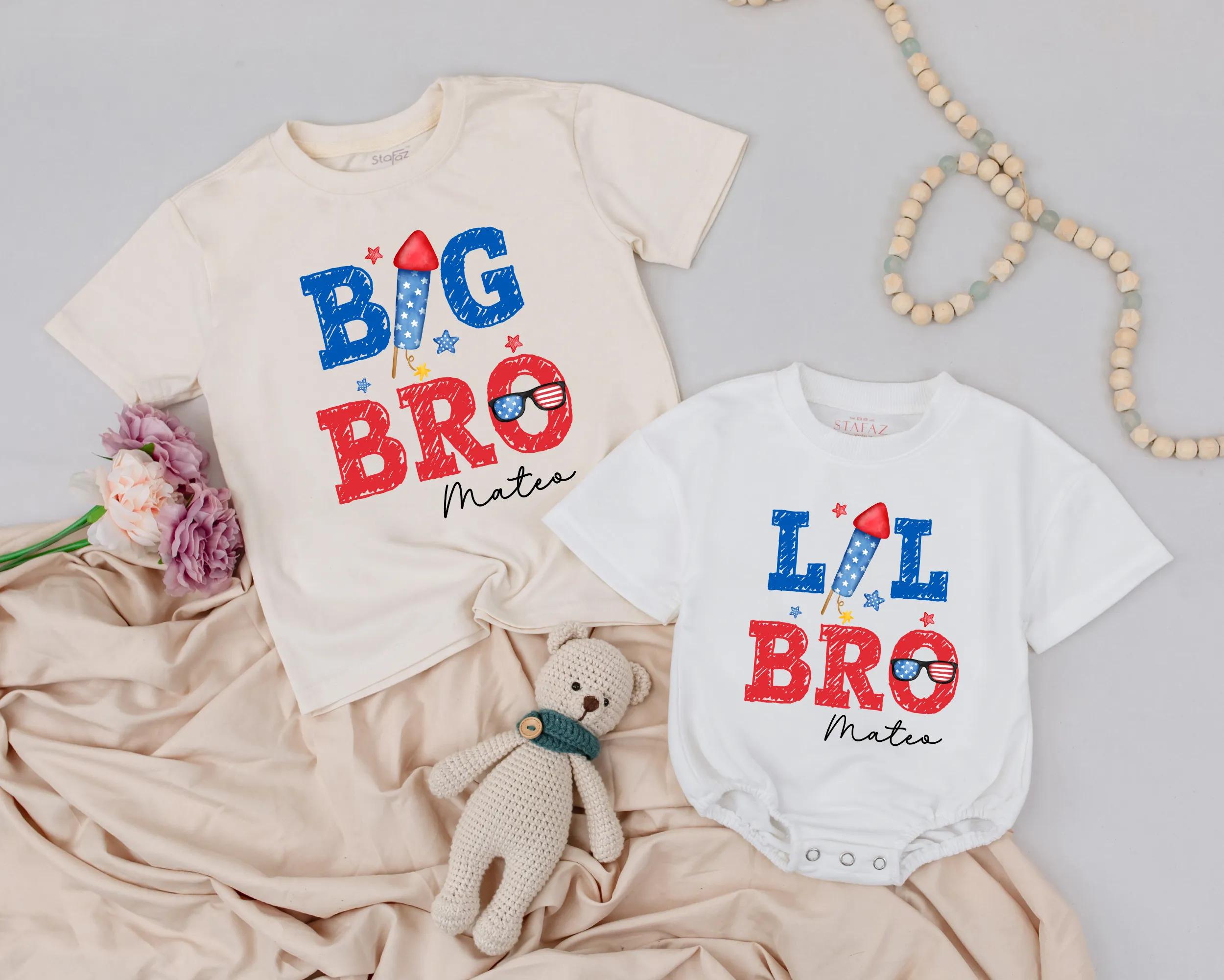Personalized Big Bro Lil Bro 4th of July Shirts with Name Firework Sunglasses Patriotic Red White Blue Sibling Matching Outfit Boys
