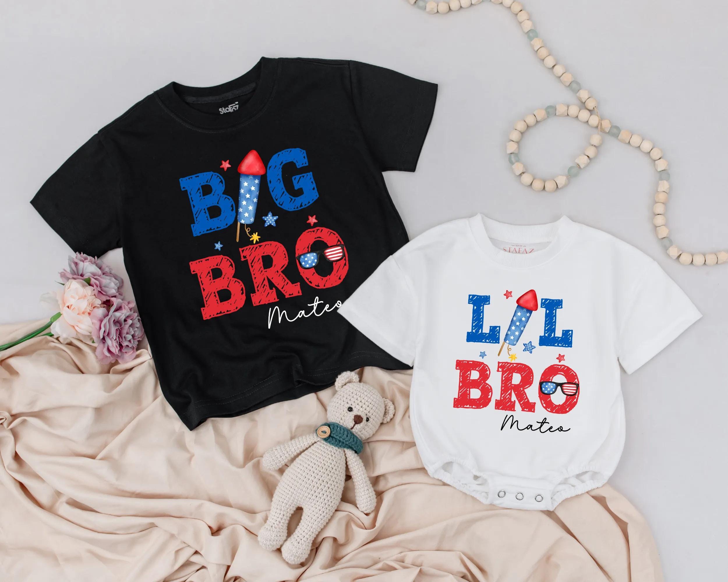 Personalized Big Bro Lil Bro 4th of July Shirts with Name Firework Sunglasses Patriotic Red White Blue Sibling Matching Outfit Boys