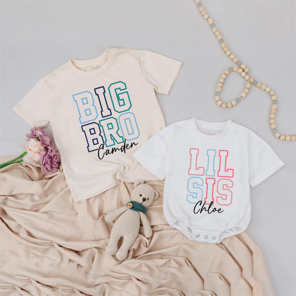Personalized Big Bro Lil Sis Matching Shirts with Names Sporty Block Letter Design Navy Pink Blue Sibling Announcement Gift for Kids