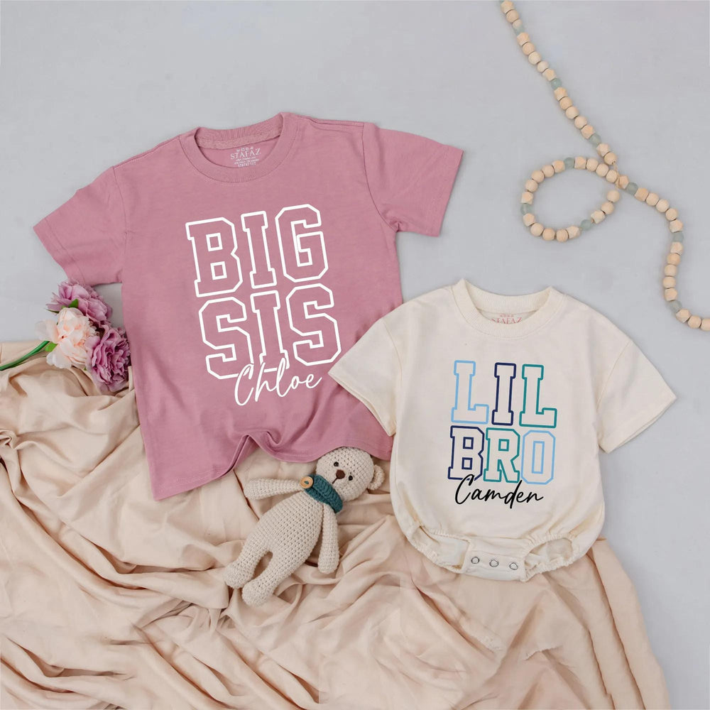 Personalized Big Bro Lil Sis Matching Shirts with Names Sporty Block Letter Design Navy Pink Blue Sibling Announcement Gift for Kids