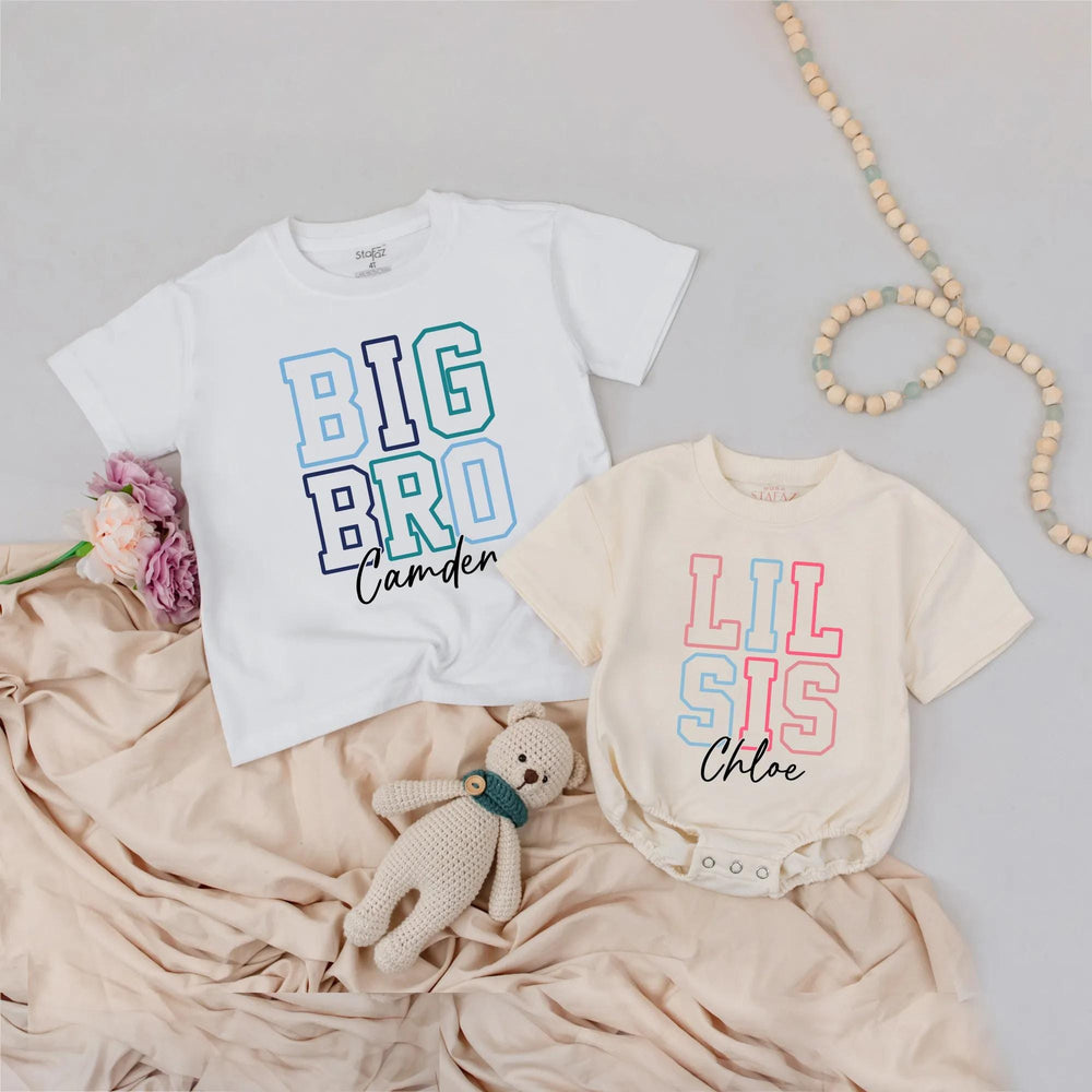 Personalized Big Bro Lil Sis Matching Shirts with Names Sporty Block Letter Design Navy Pink Blue Sibling Announcement Gift for Kids