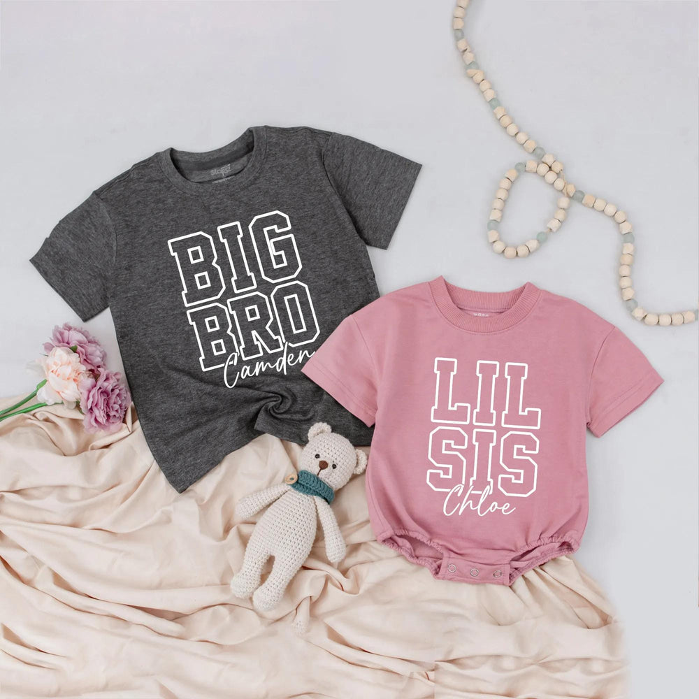 Personalized Big Bro Lil Sis Matching Shirts with Names Sporty Block Letter Design Navy Pink Blue Sibling Announcement Gift for Kids