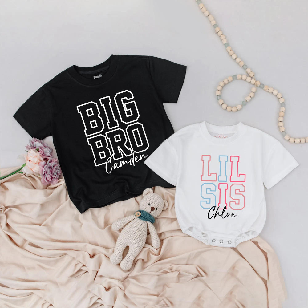 Personalized Big Bro Lil Sis Matching Shirts with Names Sporty Block Letter Design Navy Pink Blue Sibling Announcement Gift for Kids