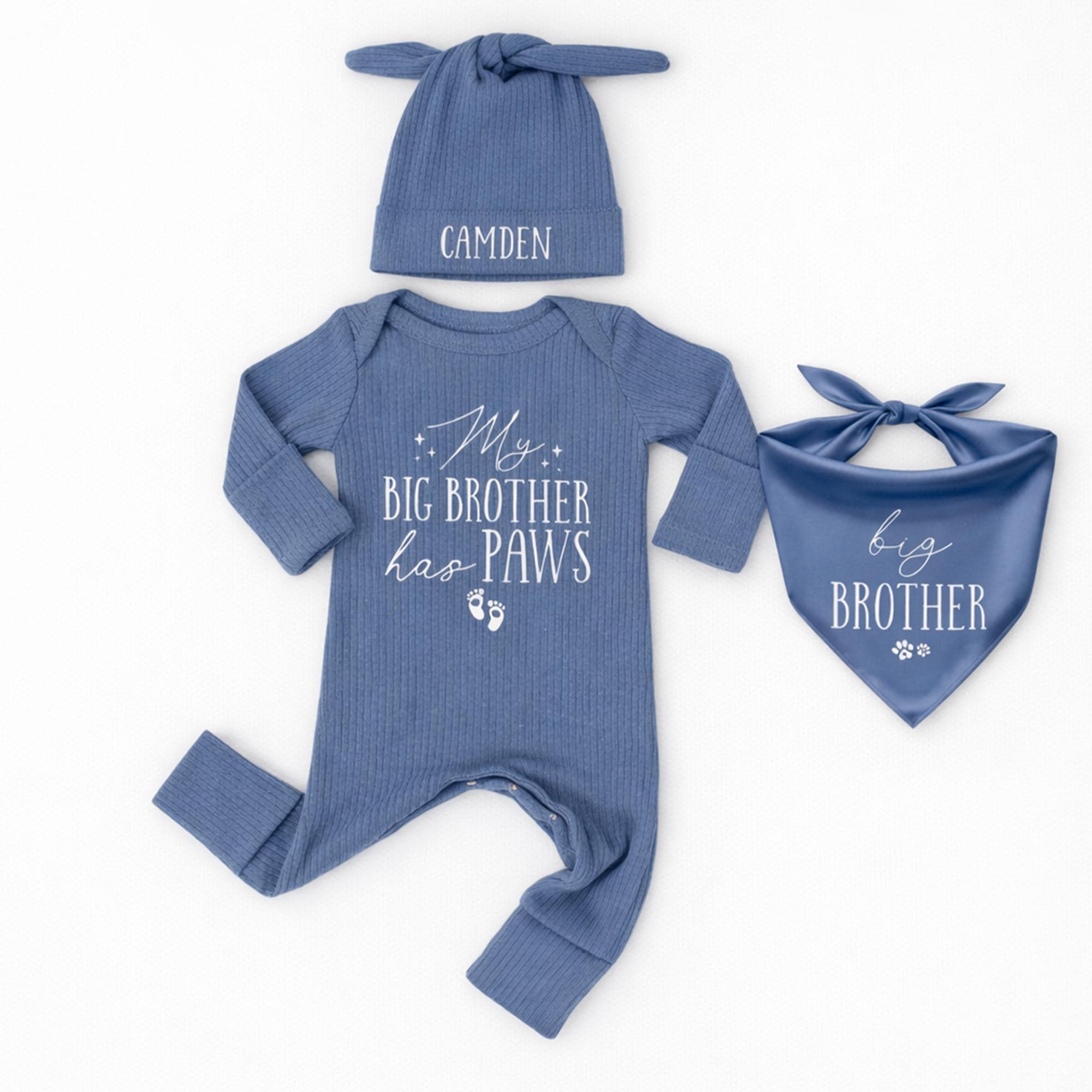 Personalized Big Brother Has Paws Baby Bodysuit with Bandana and Hat, Pet Lover Gift, Custom Paw Print Outfit for Newborns and Infants