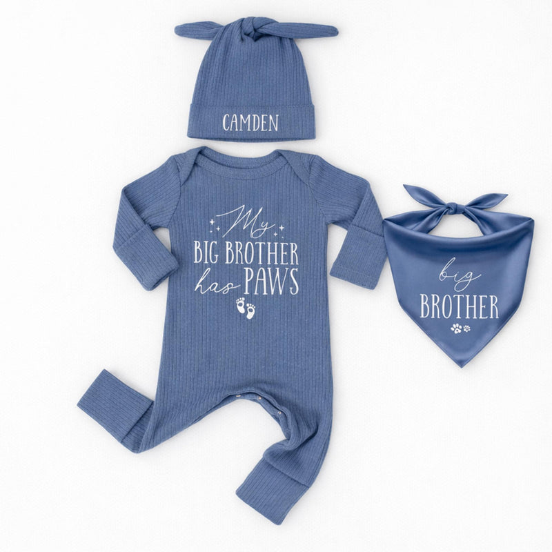 Personalized Big Brother Has Paws Baby Bodysuit with Bandana and Hat, Pet Lover Gift, Custom Paw Print Outfit for Newborns and Infants