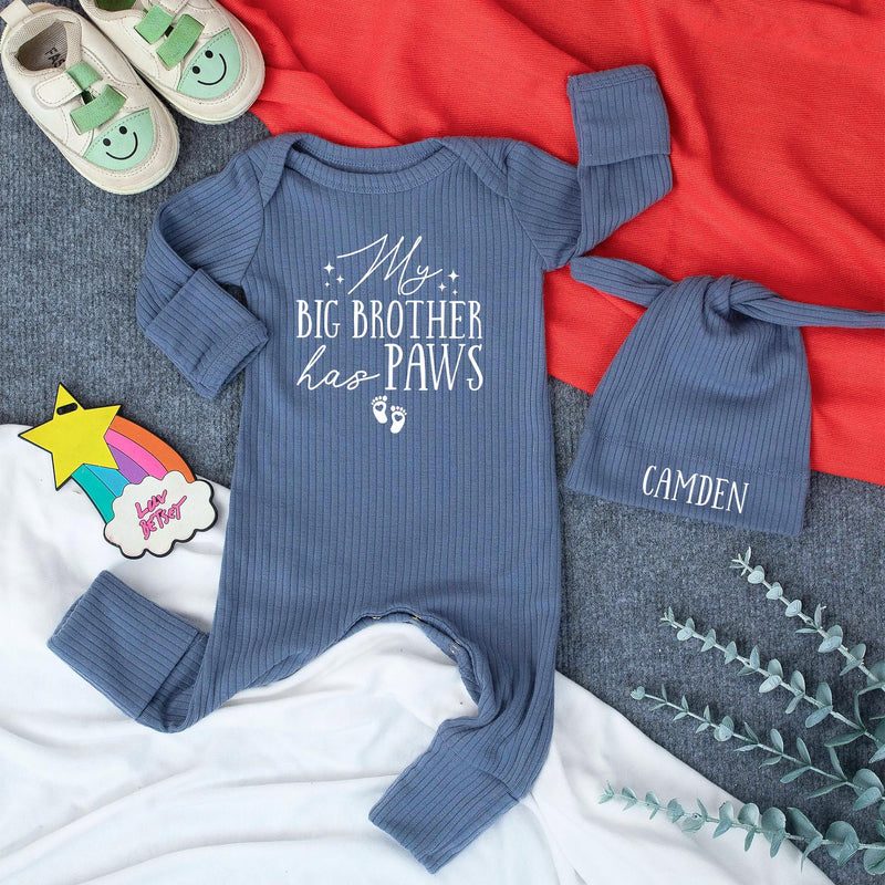 Personalized Big Brother Has Paws Baby Bodysuit with Bandana and Hat, Pet Lover Gift, Custom Paw Print Outfit for Newborns and Infants