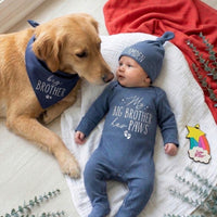 Personalized Big Brother Has Paws Baby Bodysuit with Bandana and Hat, Pet Lover Gift, Custom Paw Print Outfit for Newborns and Infants