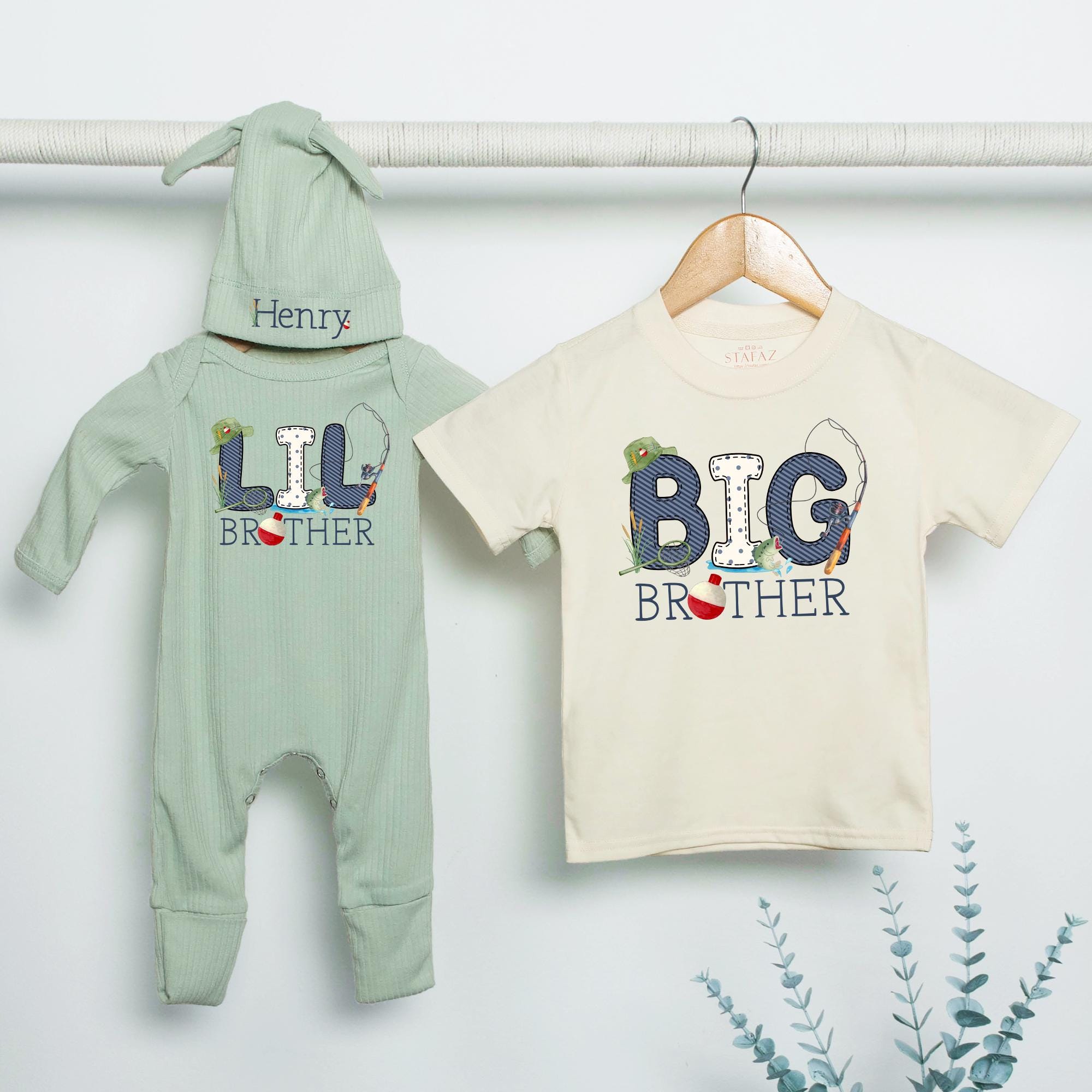 Personalized Big Brother Little Brother Fishing Outfit with Name, Baby Romper, Toddler Shirt, Rustic Design, Sibling Matching Gift Set