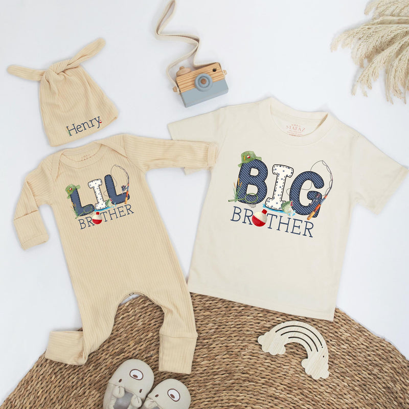 Personalized Big Brother Little Brother Fishing Outfit with Name, Baby Romper, Toddler Shirt, Rustic Design, Sibling Matching Gift Set