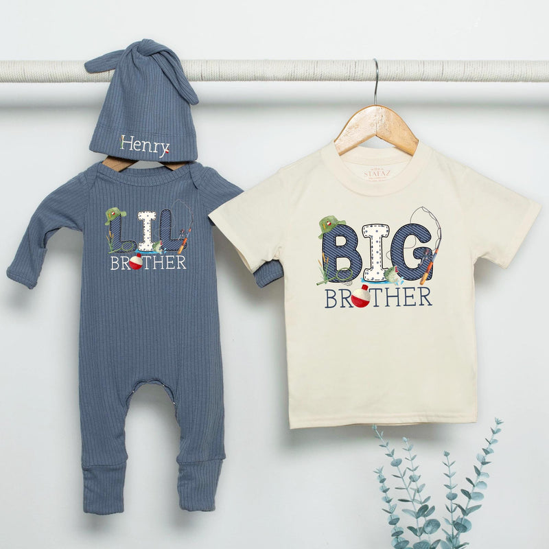 Personalized Big Brother Little Brother Fishing Outfit with Name, Baby Romper, Toddler Shirt, Rustic Design, Sibling Matching Gift Set