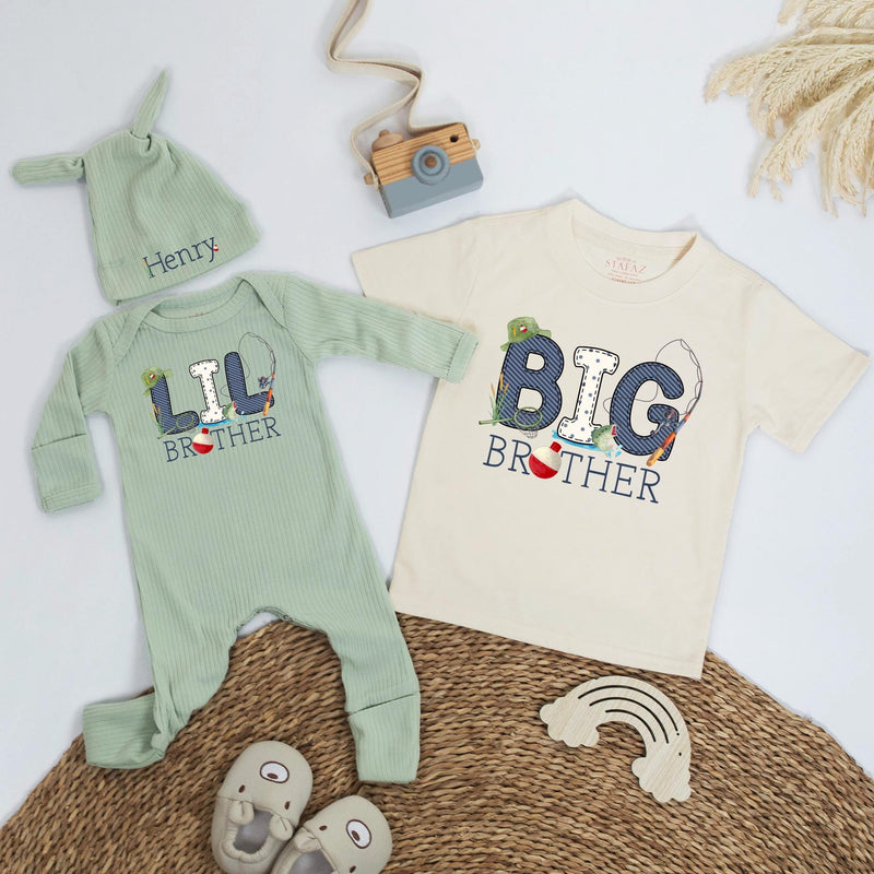 Personalized Big Brother Little Brother Fishing Outfit with Name, Baby Romper, Toddler Shirt, Rustic Design, Sibling Matching Gift Set