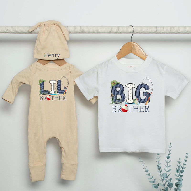 Personalized Big Brother Little Brother Fishing Outfit with Name, Baby Romper, Toddler Shirt, Rustic Design, Sibling Matching Gift Set