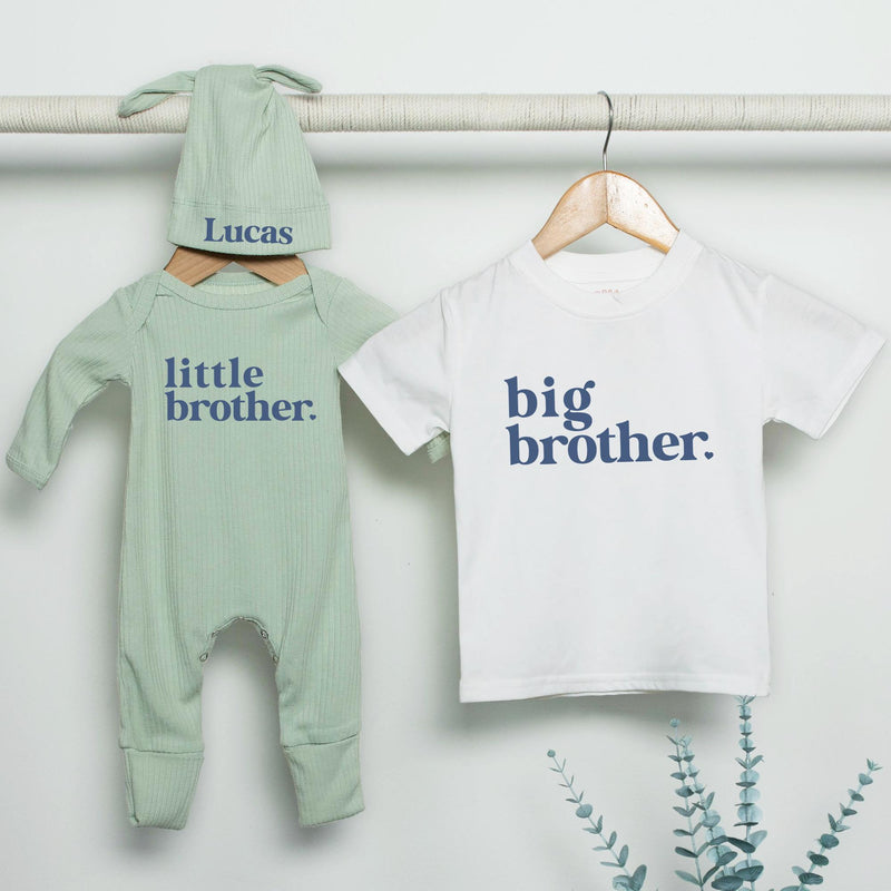 Personalized Big Brother Little Brother Matching Outfit Neutral Cotton Sibling Set Baby Toddler Gift Modern Minimalist Design