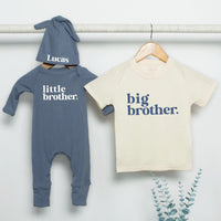 Personalized Big Brother Little Brother Matching Outfit Neutral Cotton Sibling Set Baby Toddler Gift Modern Minimalist Design