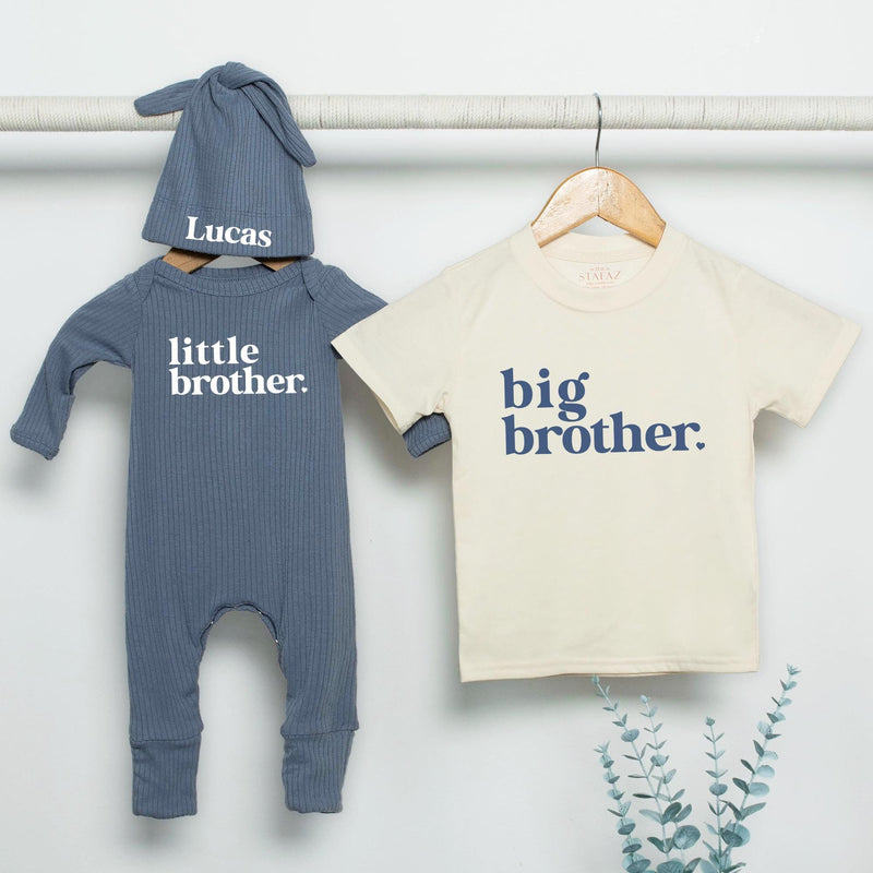 Personalized Big Brother Little Brother Matching Outfit Neutral Cotton Sibling Set Baby Toddler Gift Modern Minimalist Design