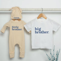 Personalized Big Brother Little Brother Matching Outfit Neutral Cotton Sibling Set Baby Toddler Gift Modern Minimalist Design