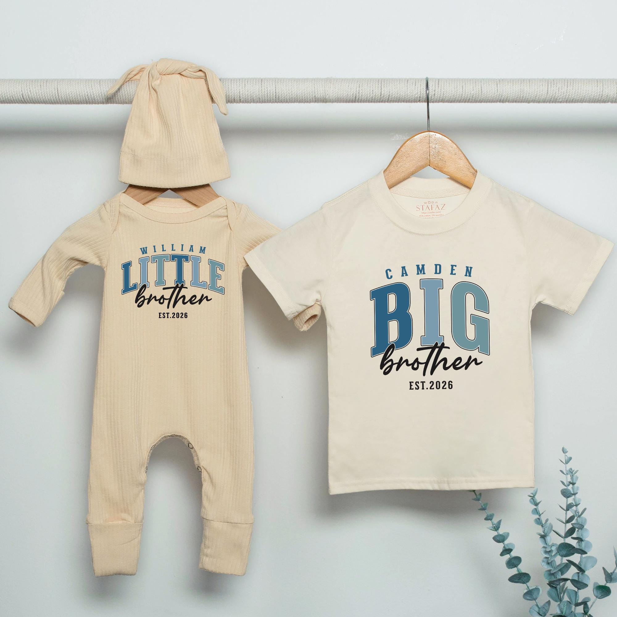 Personalized Big Brother Little Brother Matching Shirts Custom Name Sibling Set Baby Bodysuit Toddler Outfit Modern Collegiate Design Gift