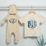 Personalized Big Brother Little Brother Matching Shirts Custom Name Sibling Set Baby Bodysuit Toddler Outfit Modern Collegiate Design Gift