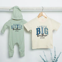 Personalized Big Brother Little Brother Matching Shirts Custom Name Sibling Set Baby Bodysuit Toddler Outfit Modern Collegiate Design Gift